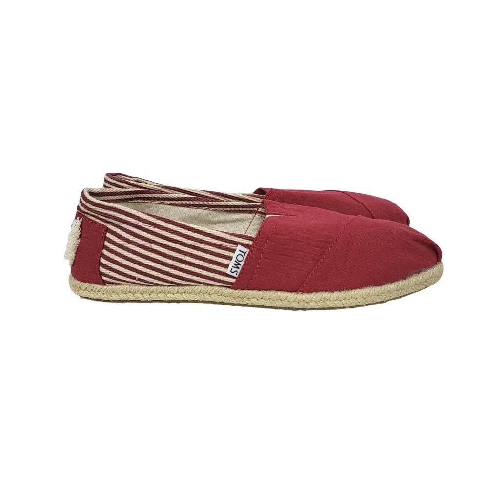 Toms Womens Red White‎ Stripe Slip On Espadrilles Canvas Nautical Shoes 9 Casual